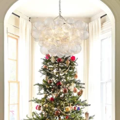 Brass Cluster Ribbed Glass Globe Bubble Chandelier