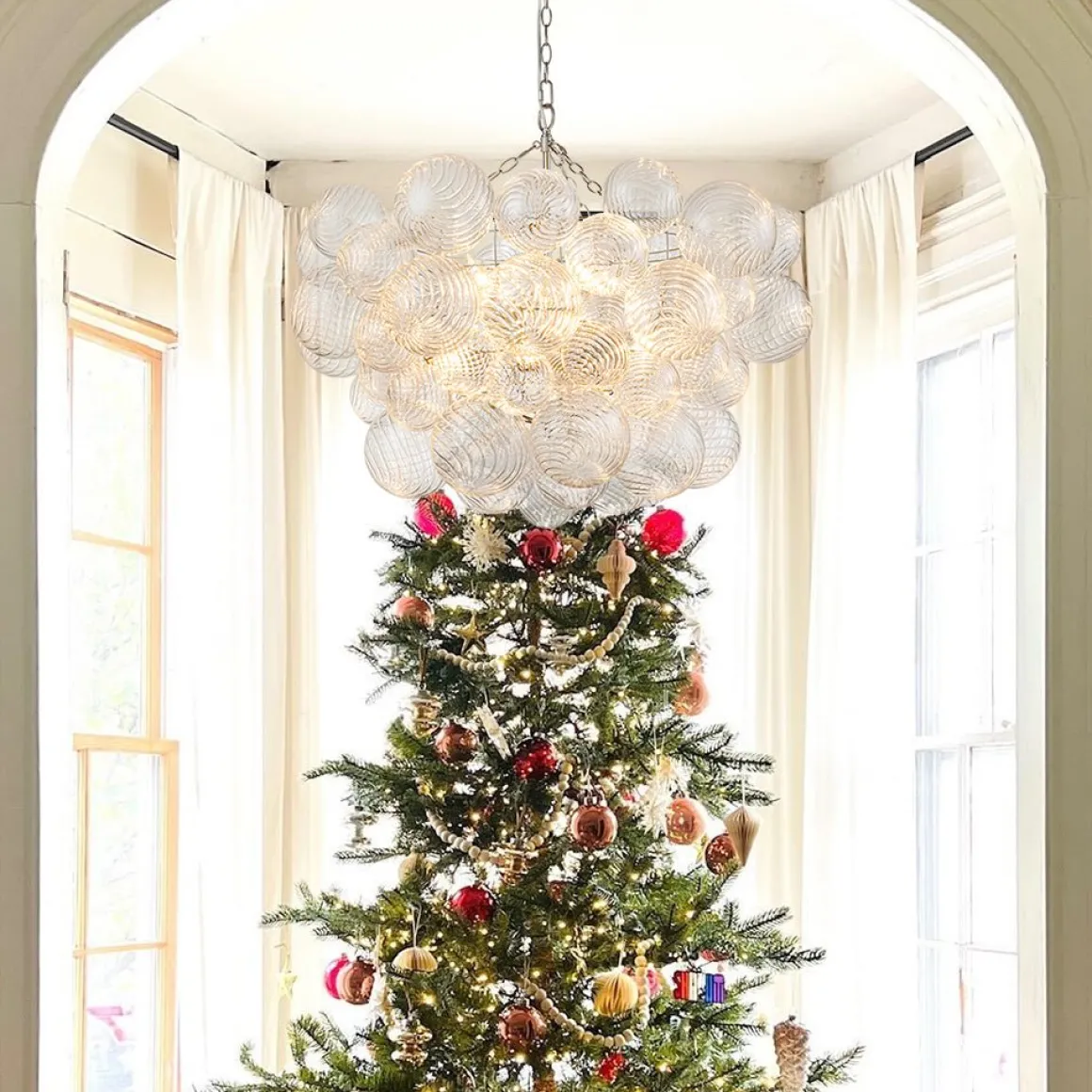 Brass Cluster Ribbed Glass Globe Bubble Chandelier