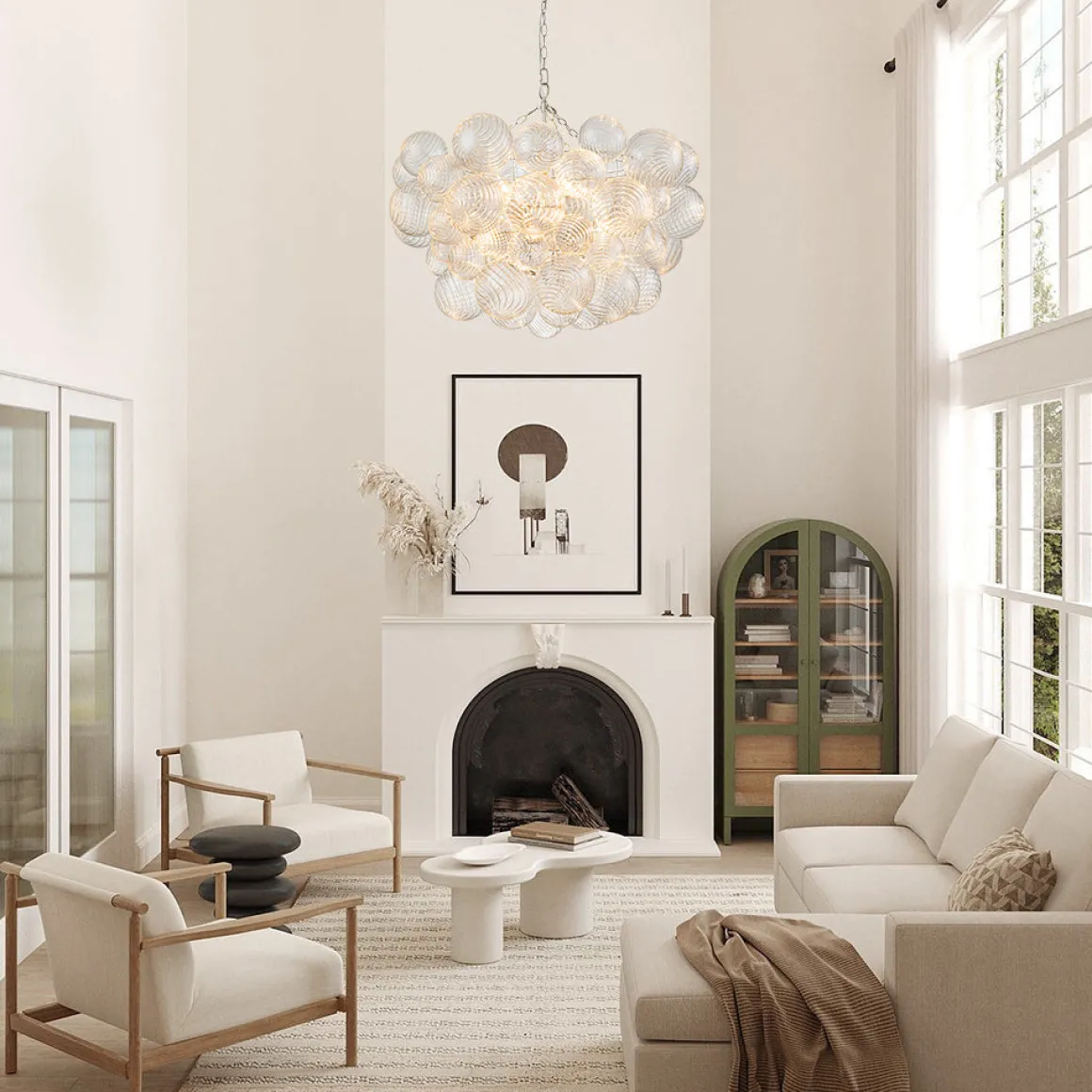 Brass Cluster Ribbed Glass Globe Bubble Chandelier
