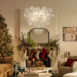 Brass Cluster Ribbed Glass Globe Bubble Chandelier