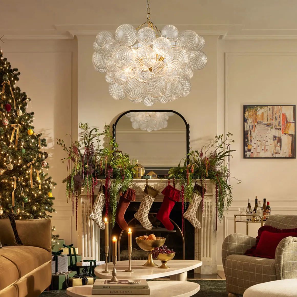 Brass Cluster Ribbed Glass Globe Bubble Chandelier