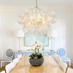 Brass Cluster Ribbed Glass Globe Bubble Chandelier