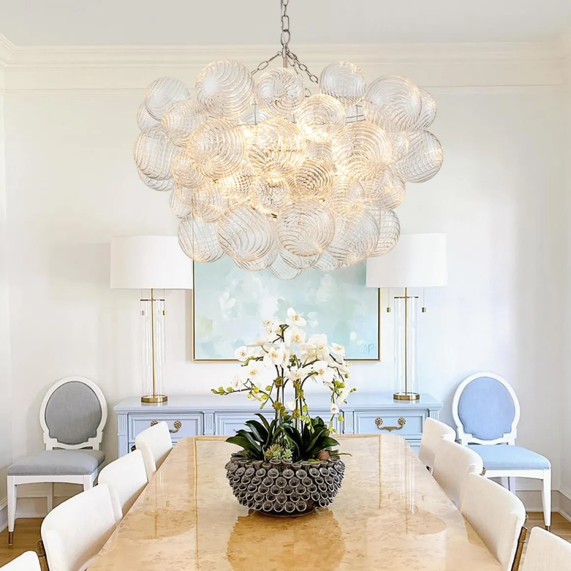 Brass Cluster Ribbed Glass Globe Bubble Chandelier