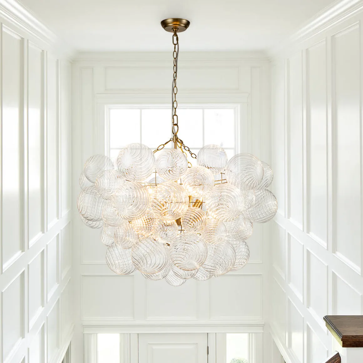 Brass Cluster Ribbed Glass Globe Bubble Chandelier