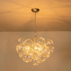 Brass Cluster Ribbed Glass Globe Bubble Chandelier