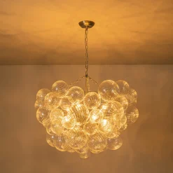Brass Cluster Ribbed Glass Globe Bubble Chandelier
