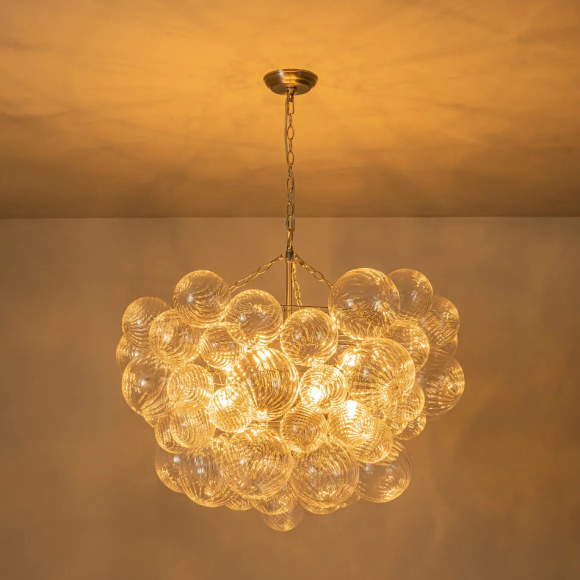 Brass Cluster Ribbed Glass Globe Bubble Chandelier