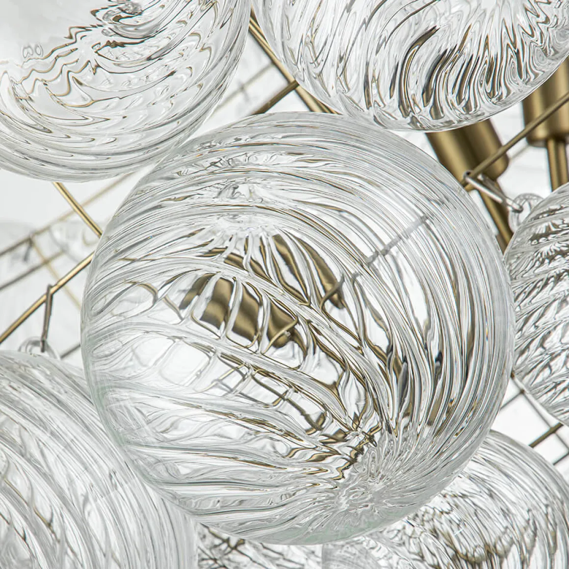 Brass Cluster Ribbed Glass Globe Bubble Chandelier
