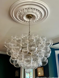 Brass Cluster Ribbed Glass Globe Bubble Chandelier