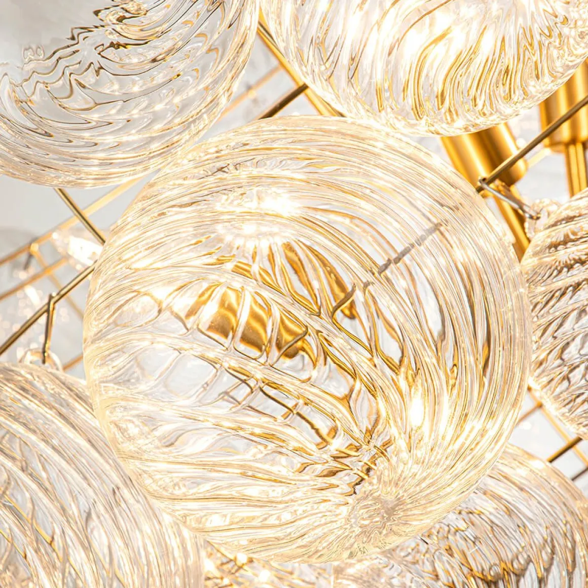 Brass Cluster Ribbed Glass Globe Bubble Chandelier