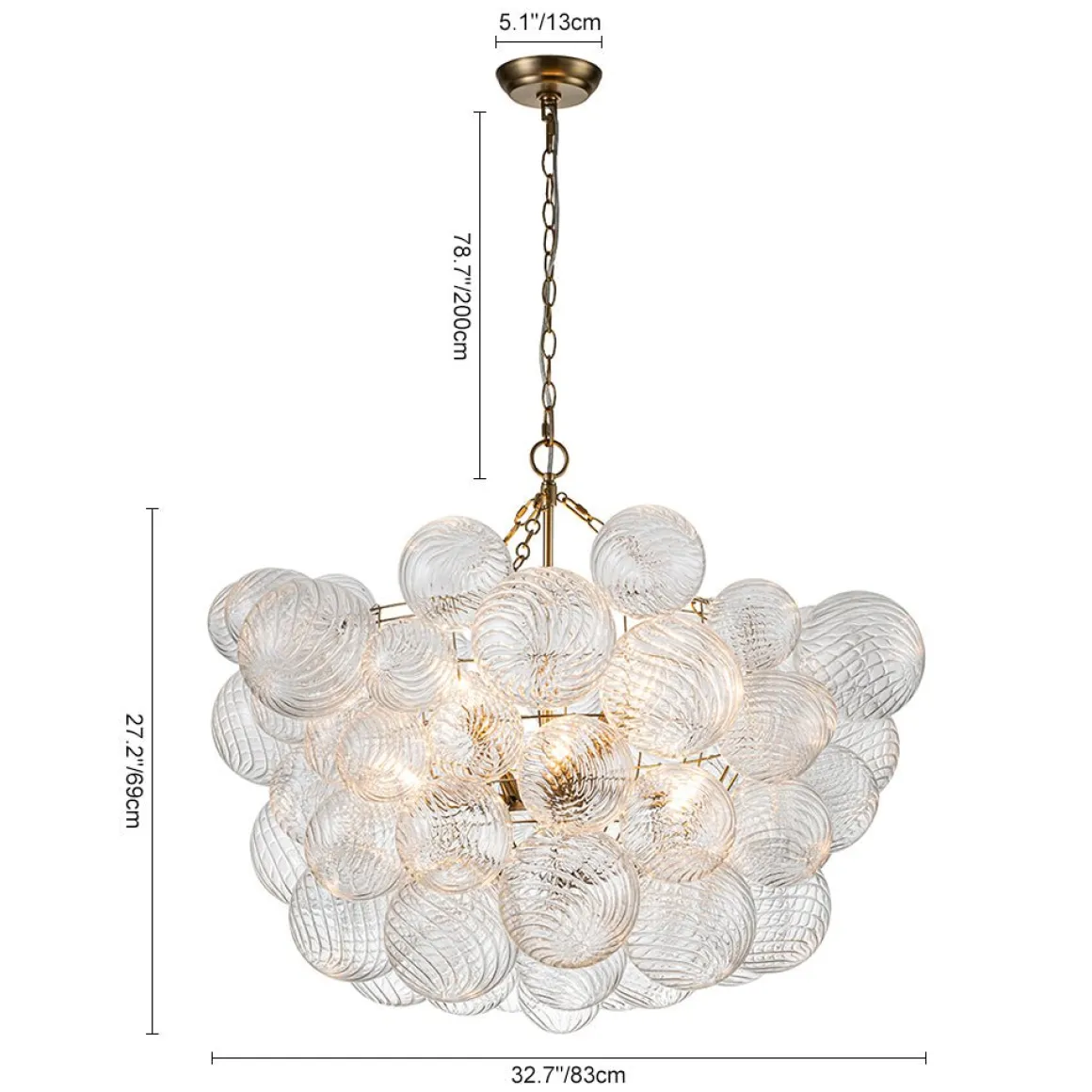 Brass Cluster Ribbed Glass Globe Bubble Chandelier