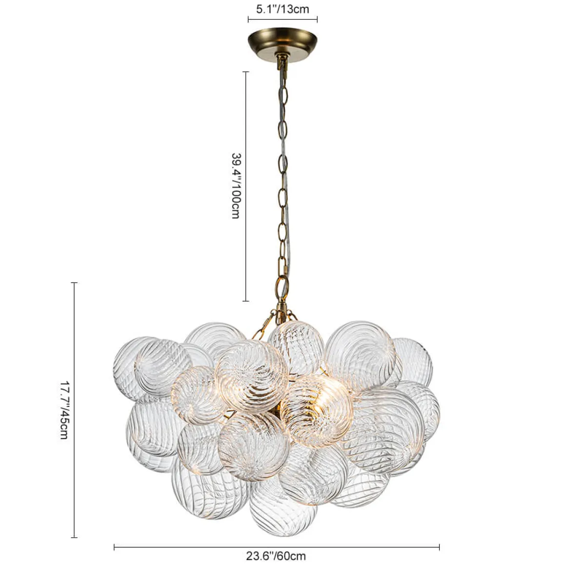 Brass Cluster Ribbed Glass Globe Bubble Chandelier