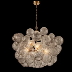 Brass Cluster Ribbed Glass Globe Bubble Chandelier