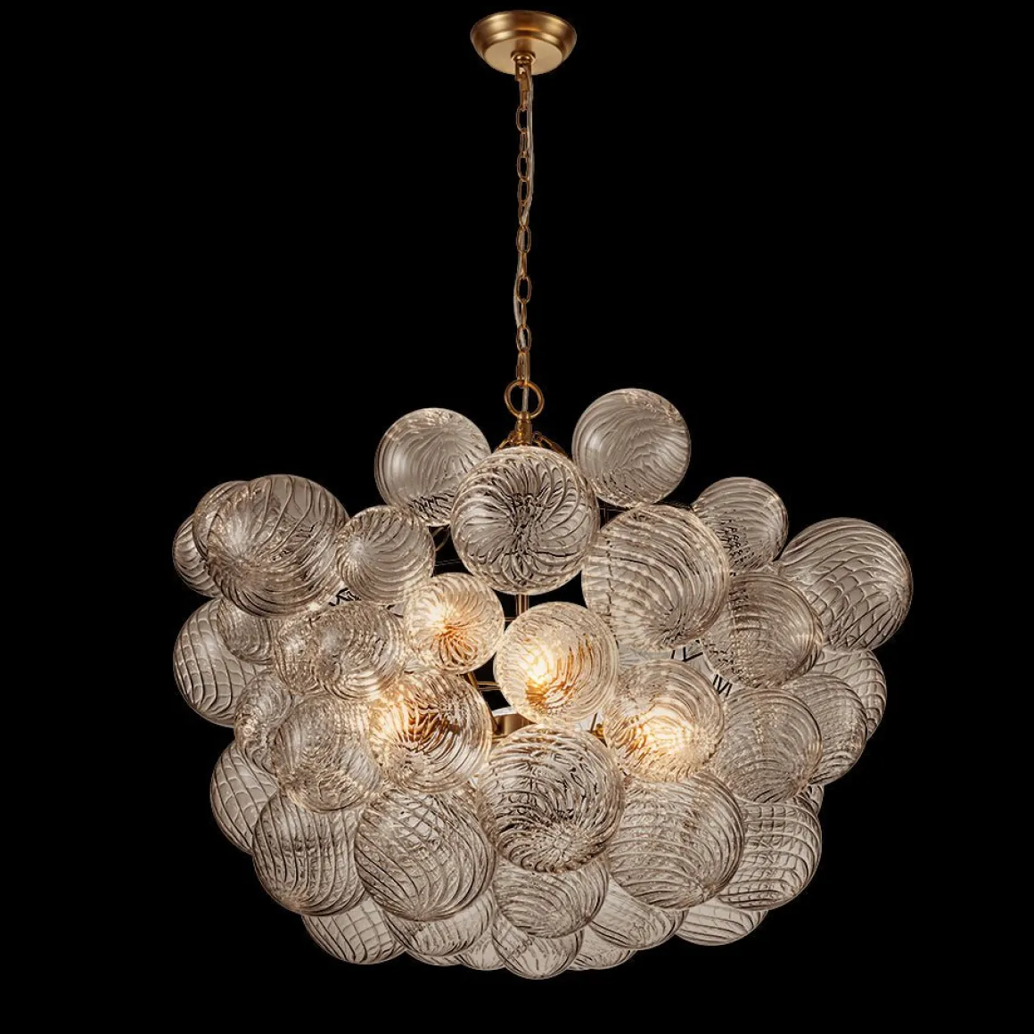 Brass Cluster Ribbed Glass Globe Bubble Chandelier
