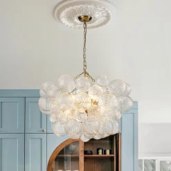 Brass Cluster Ribbed Glass Globe Bubble Chandelier