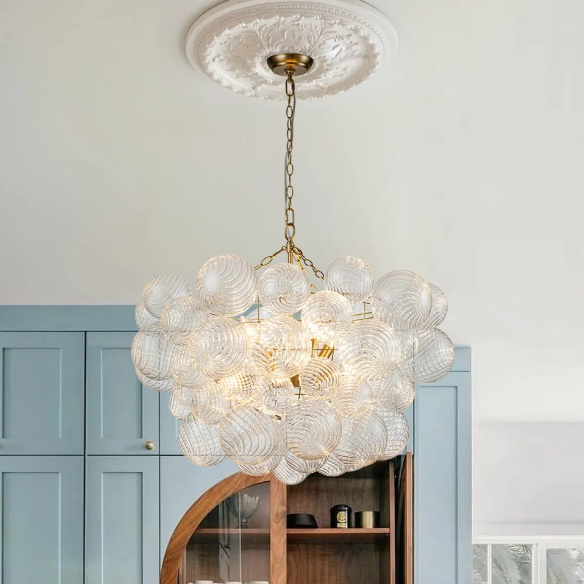Brass Cluster Ribbed Glass Globe Bubble Chandelier