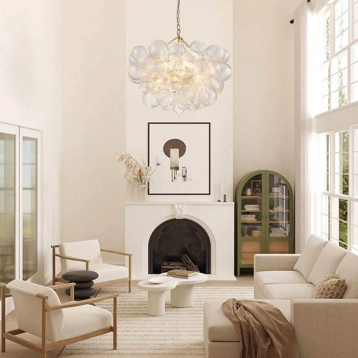 Brass Cluster Ribbed Glass Globe Bubble Chandelier