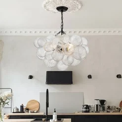 Brass Cluster Ribbed Glass Globe Bubble Chandelier