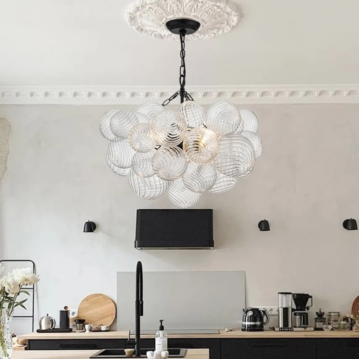 Brass Cluster Ribbed Glass Globe Bubble Chandelier