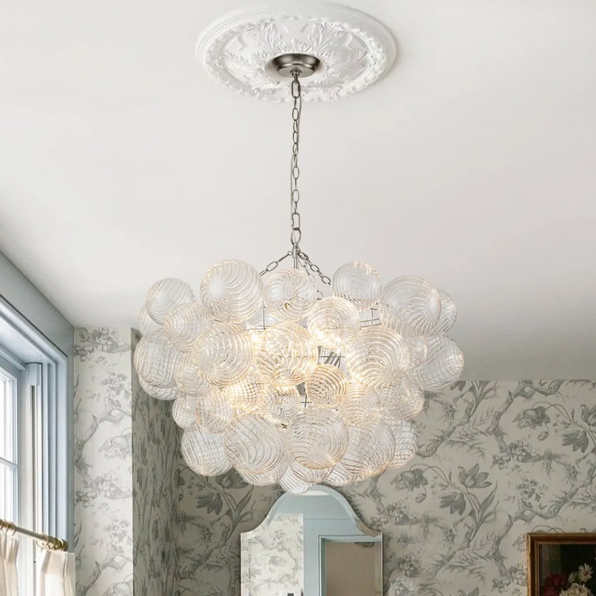 Brass Cluster Ribbed Glass Globe Bubble Chandelier