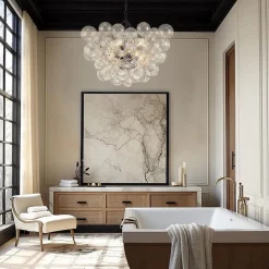 Brass Cluster Ribbed Glass Globe Bubble Chandelier
