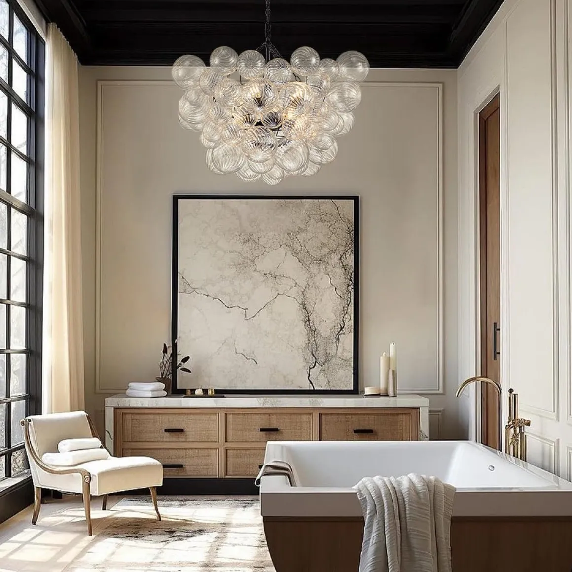 Brass Cluster Ribbed Glass Globe Bubble Chandelier