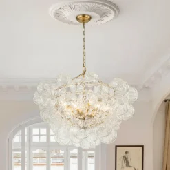 Brass Cluster Sculpture Texture Glass Globe Bubble Chandelier