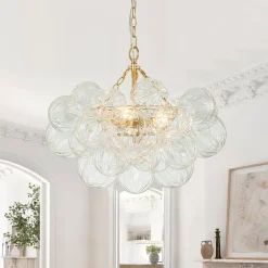 Brass Cluster Sculpture Texture Glass Globe Bubble Chandelier