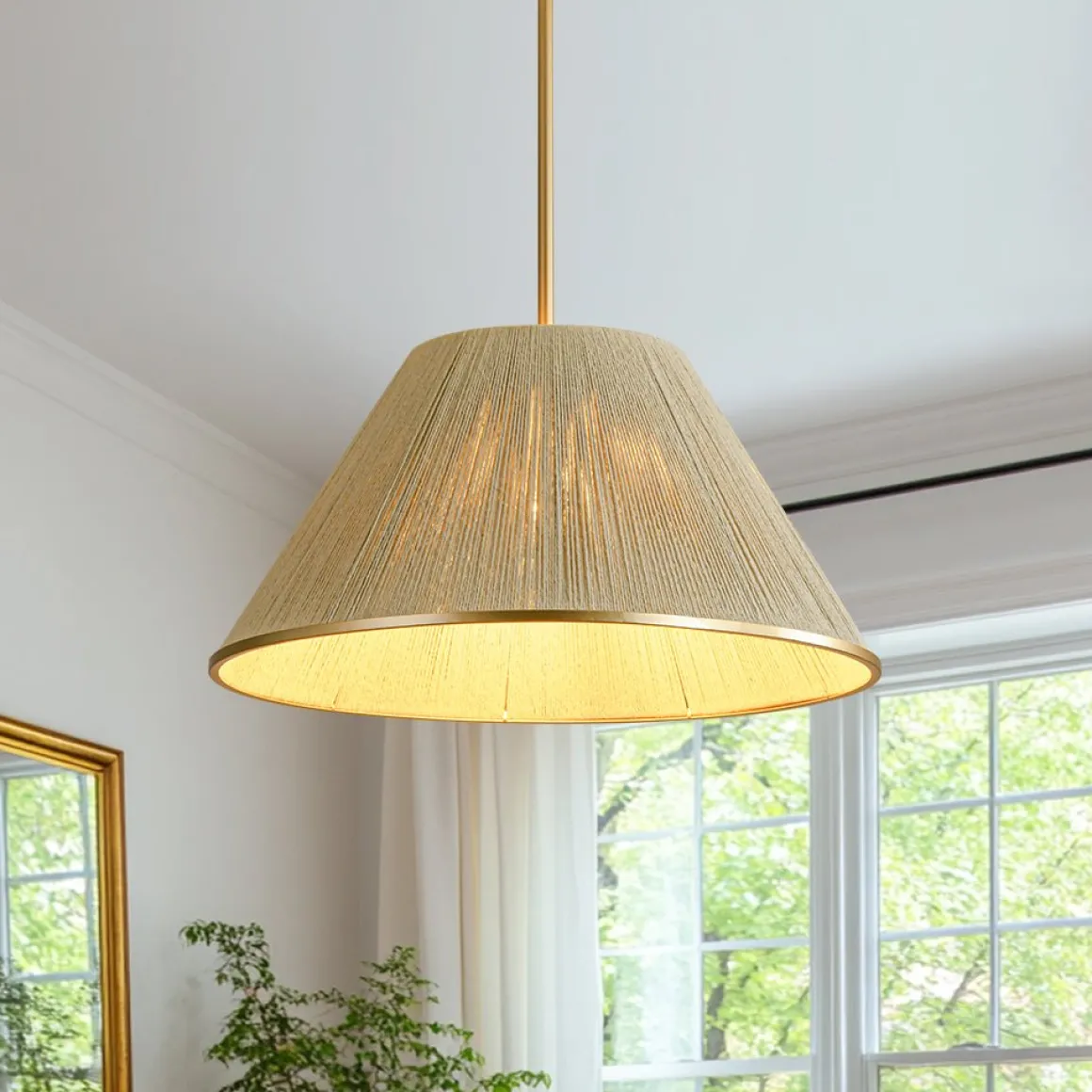 Brass Conical Woven Thread Cage Pendant Light