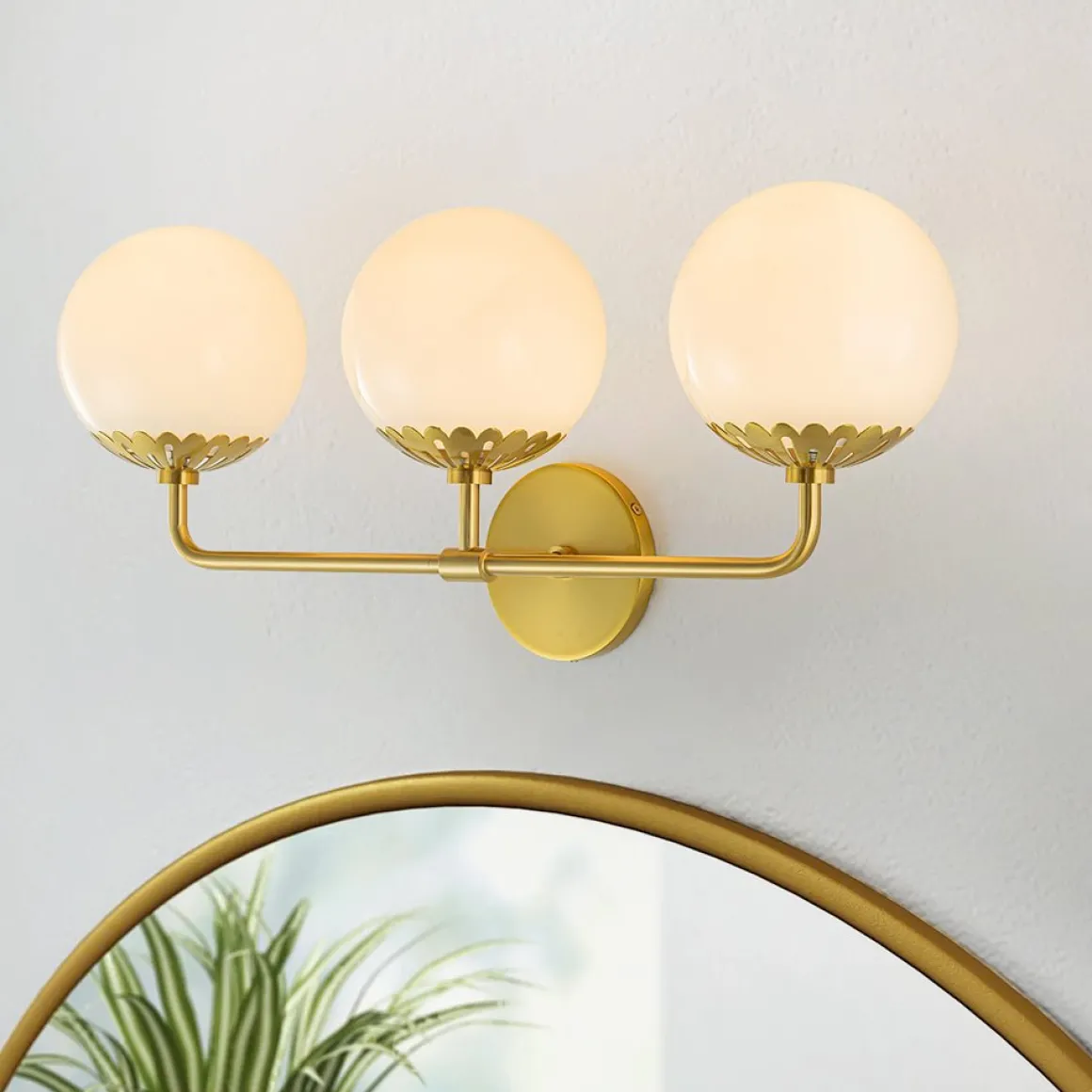 Brass Daisy 3-Light Opal Glass Globe Vanity Light