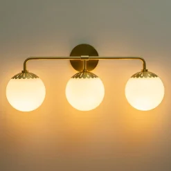 Brass Daisy 3-Light Opal Glass Globe Vanity Light