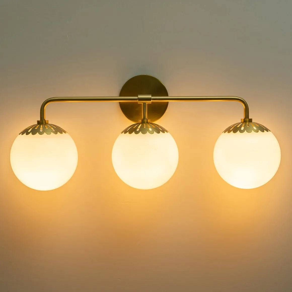 Brass Daisy 3-Light Opal Glass Globe Vanity Light