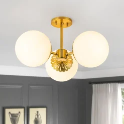 Brass Daisy 3-Light Opal Glass Globe Semi Flush Light
