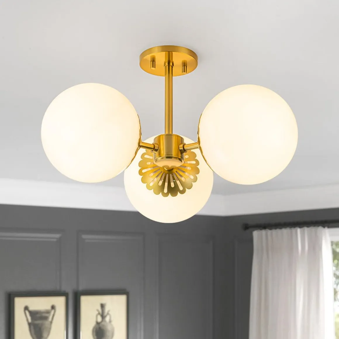 Brass Daisy 3-Light Opal Glass Globe Semi Flush Light