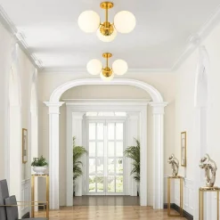 Brass Daisy 3-Light Opal Glass Globe Semi Flush Light