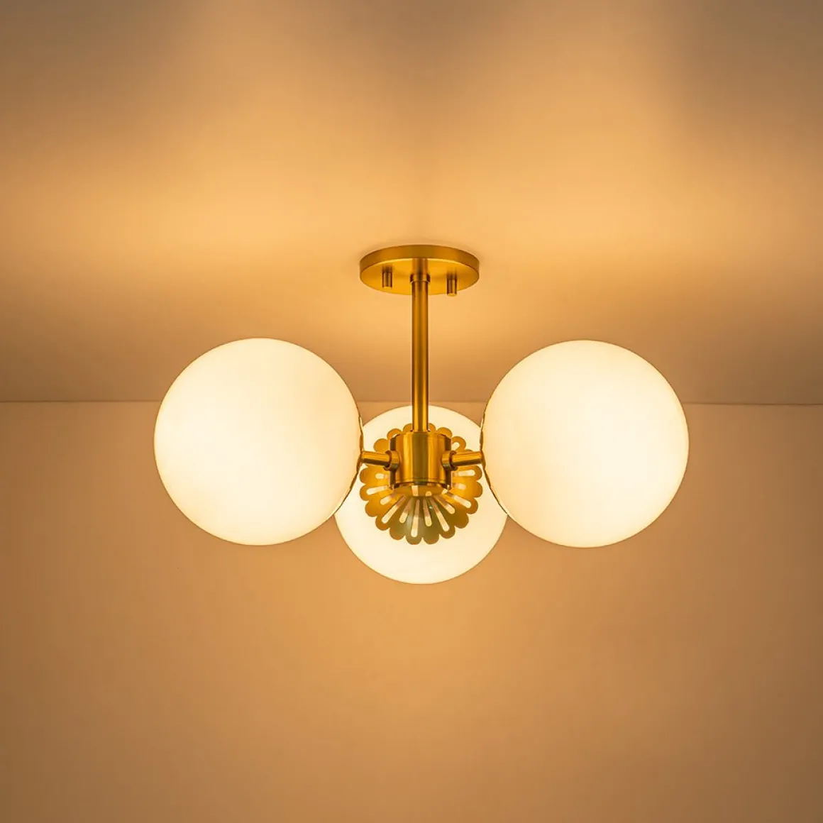 Brass Daisy 3-Light Opal Glass Globe Semi Flush Light