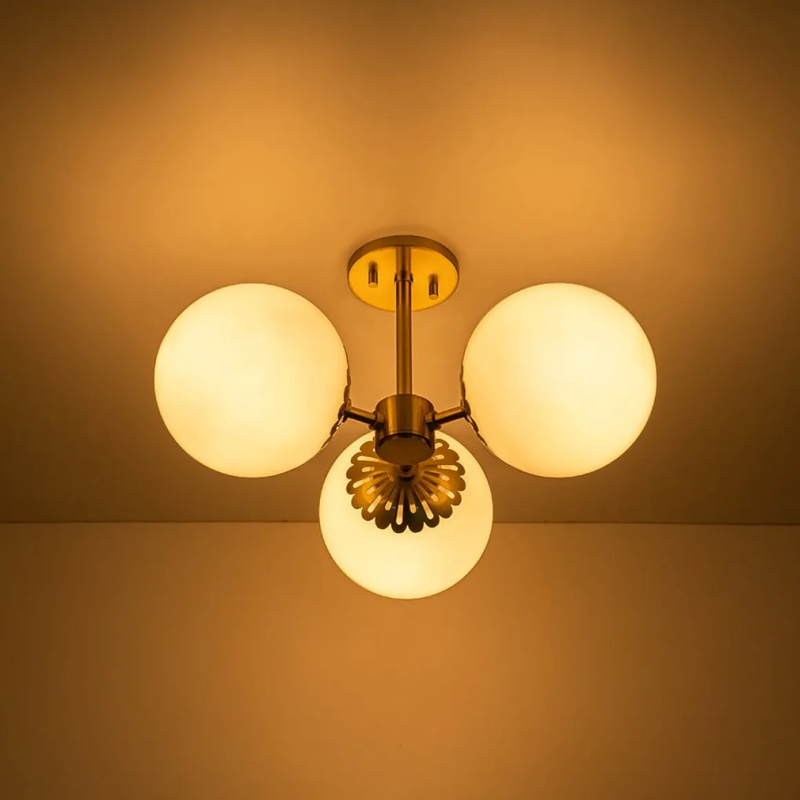 Brass Daisy 3-Light Opal Glass Globe Semi Flush Light