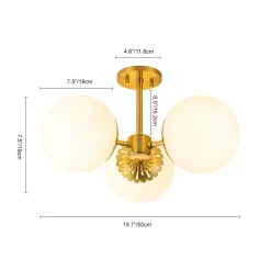 Brass Daisy 3-Light Opal Glass Globe Semi Flush Light