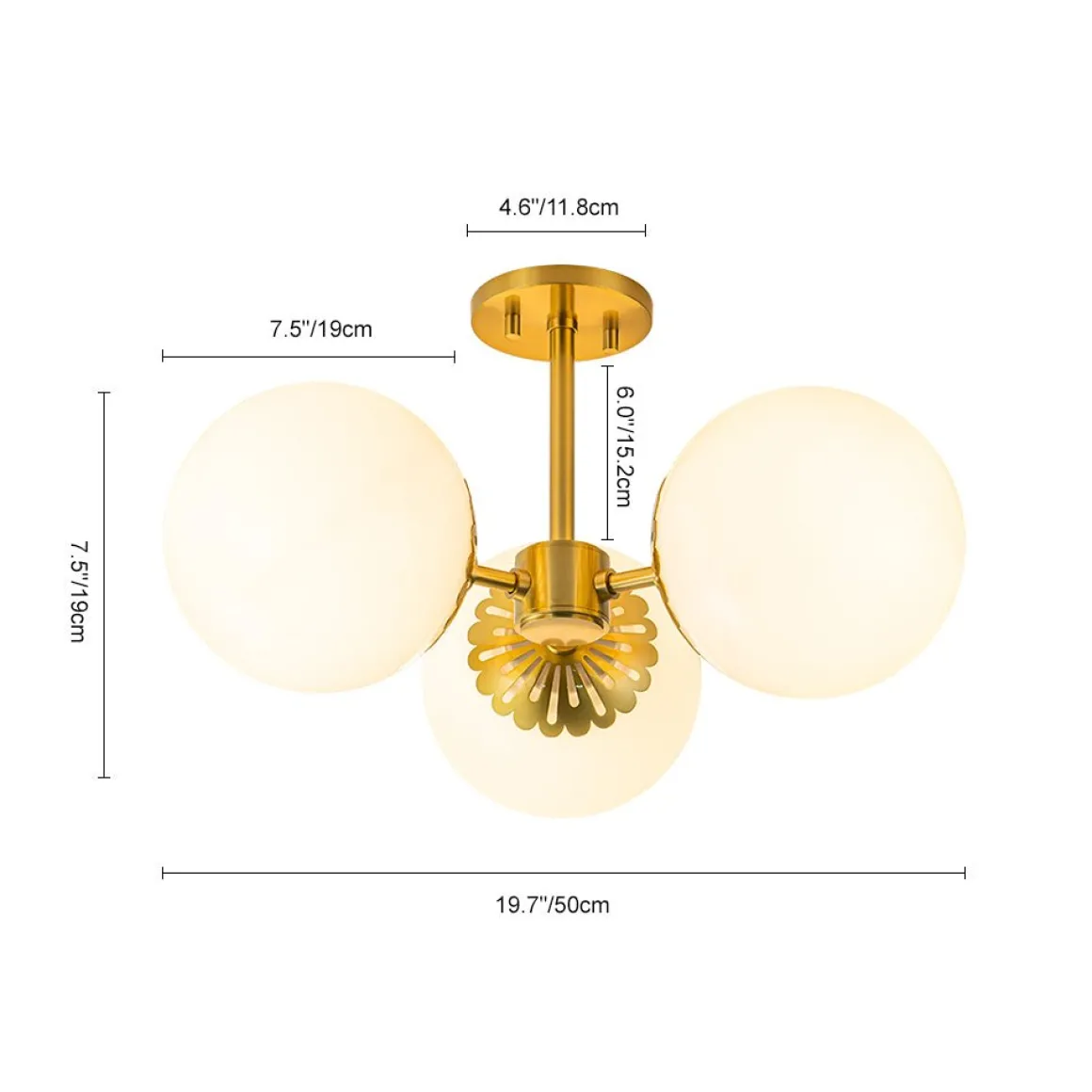 Brass Daisy 3-Light Opal Glass Globe Semi Flush Light