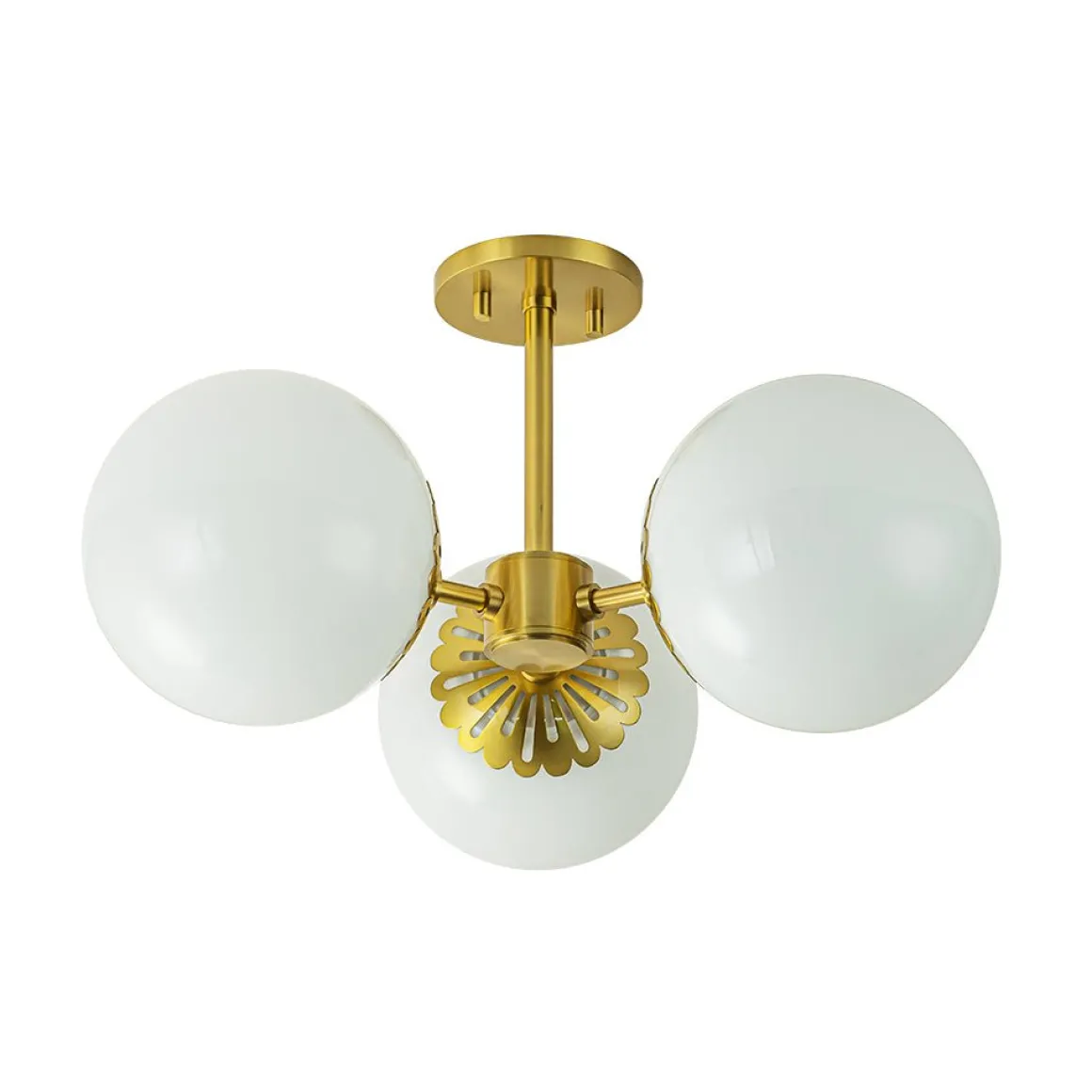 Brass Daisy 3-Light Opal Glass Globe Semi Flush Light