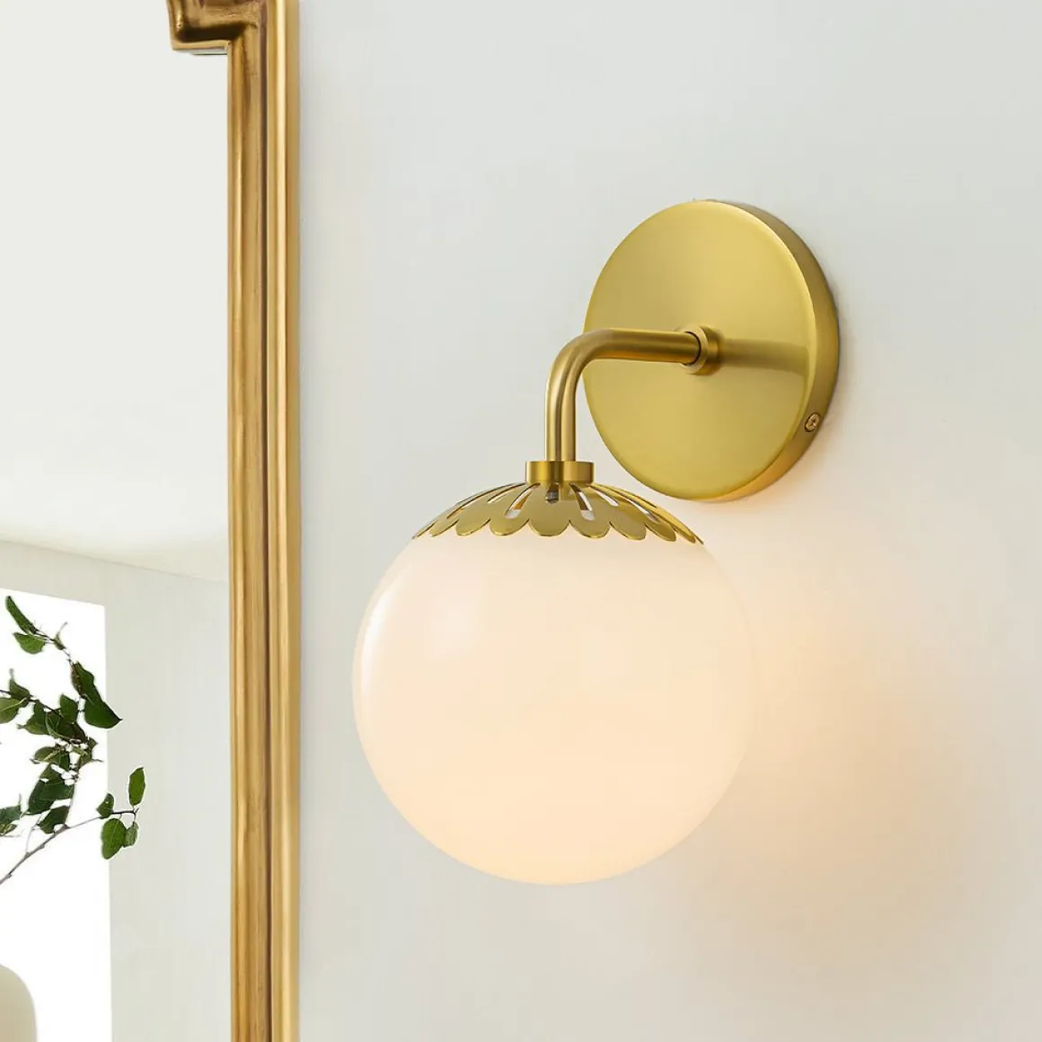 Brass Daisy 1-Light Opal Glass Globe Wall Lamp