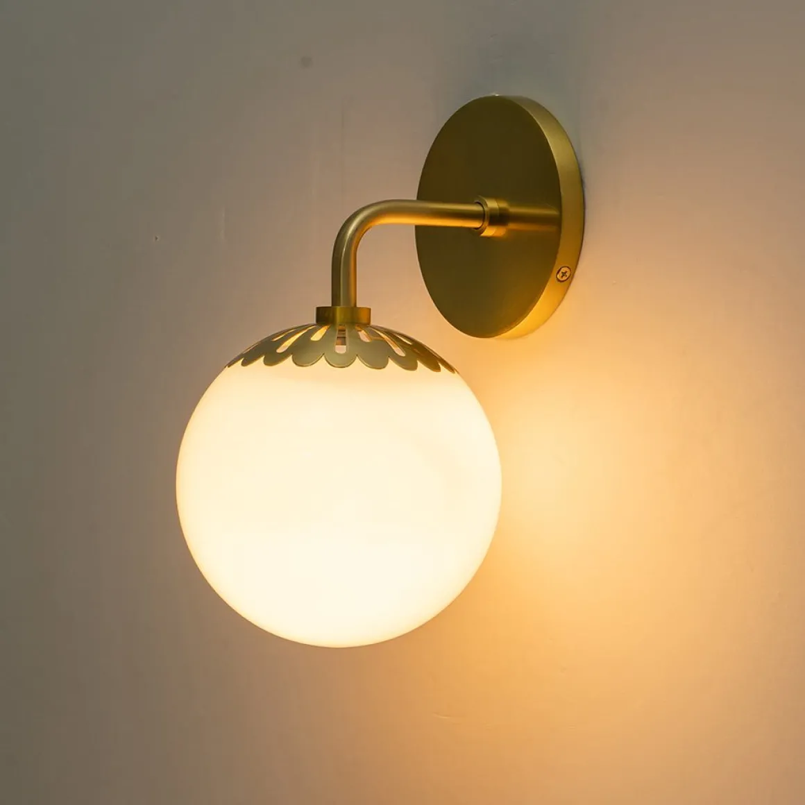 Brass Daisy 1-Light Opal Glass Globe Wall Lamp