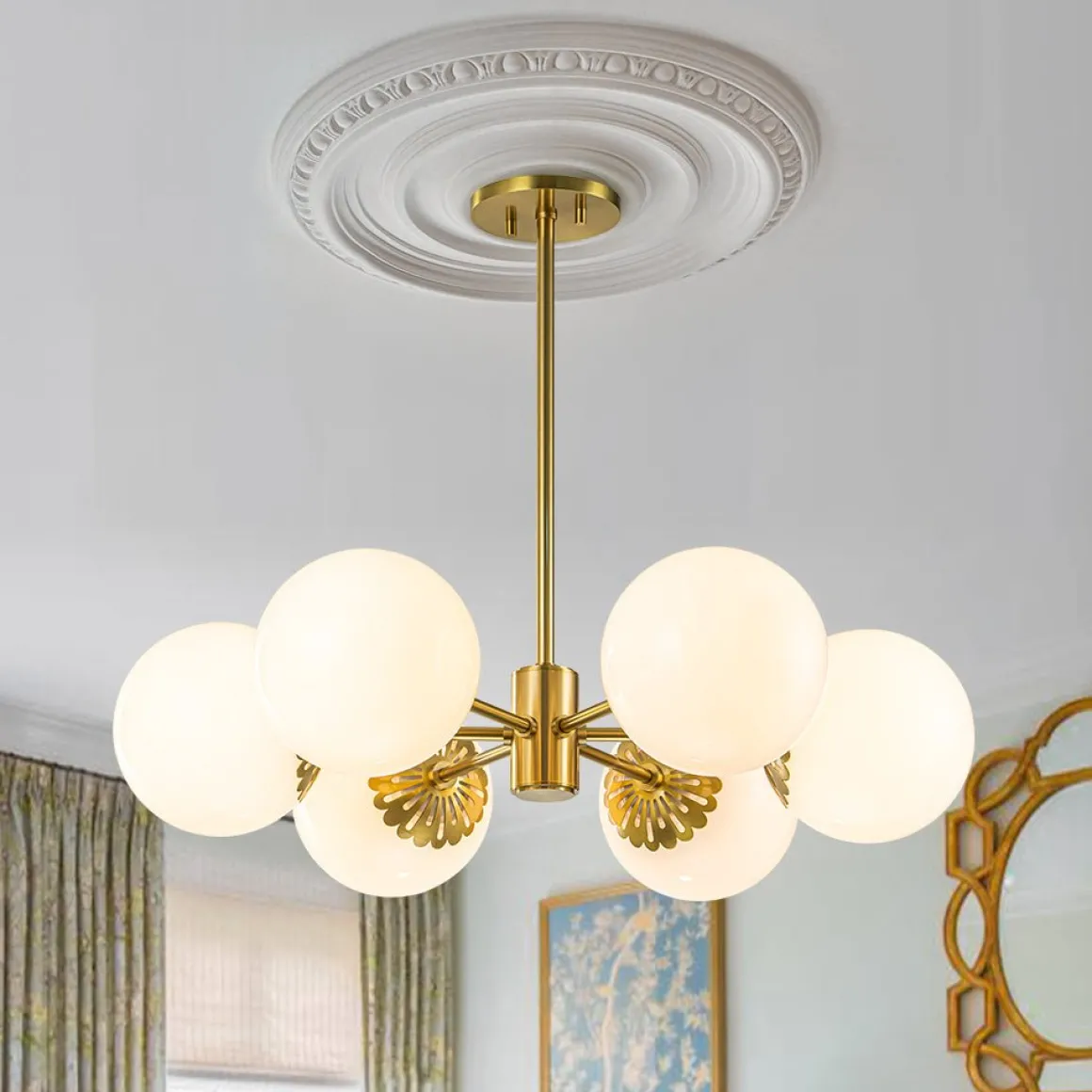 Brass Daisy Tiered Opal Glass Globe Sputnik Chandelier