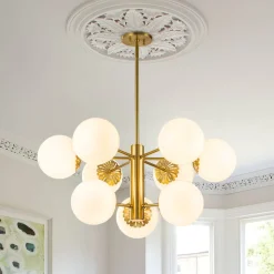 Brass Daisy Tiered Opal Glass Globe Sputnik Chandelier