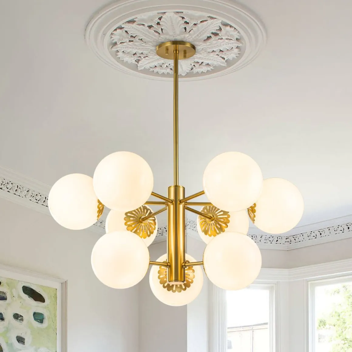 Brass Daisy Tiered Opal Glass Globe Sputnik Chandelier