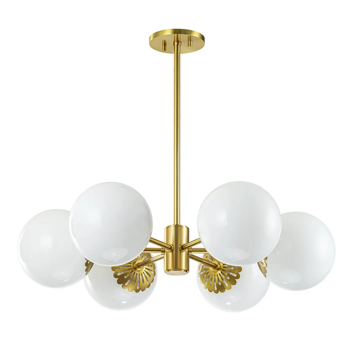 Brass Daisy Tiered Opal Glass Globe Sputnik Chandelier