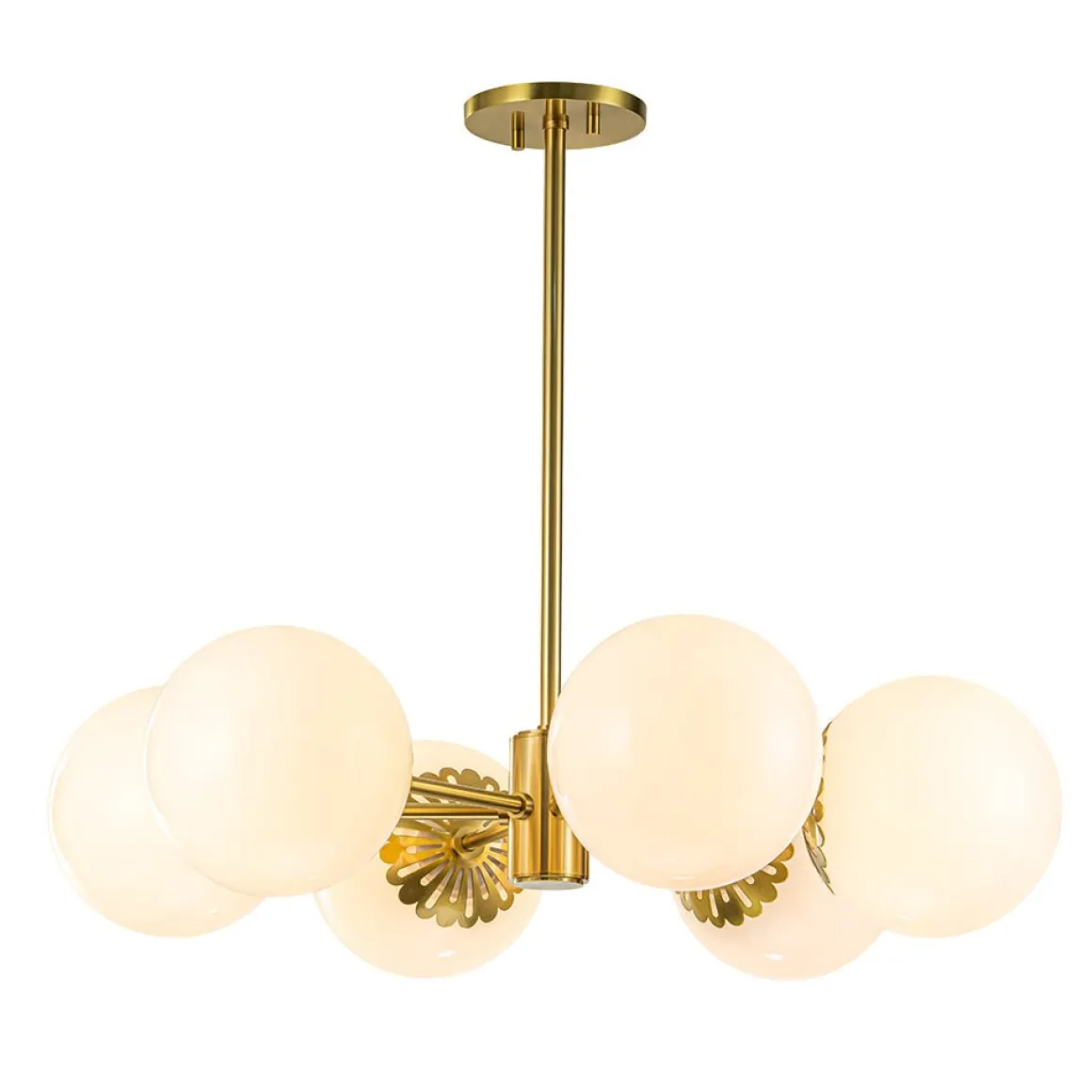 Brass Daisy Tiered Opal Glass Globe Sputnik Chandelier