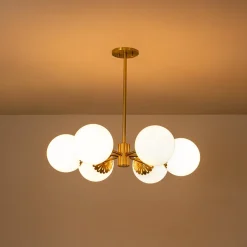 Brass Daisy Tiered Opal Glass Globe Sputnik Chandelier