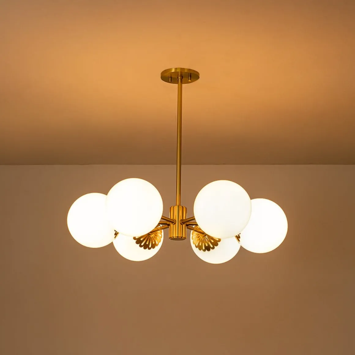 Brass Daisy Tiered Opal Glass Globe Sputnik Chandelier