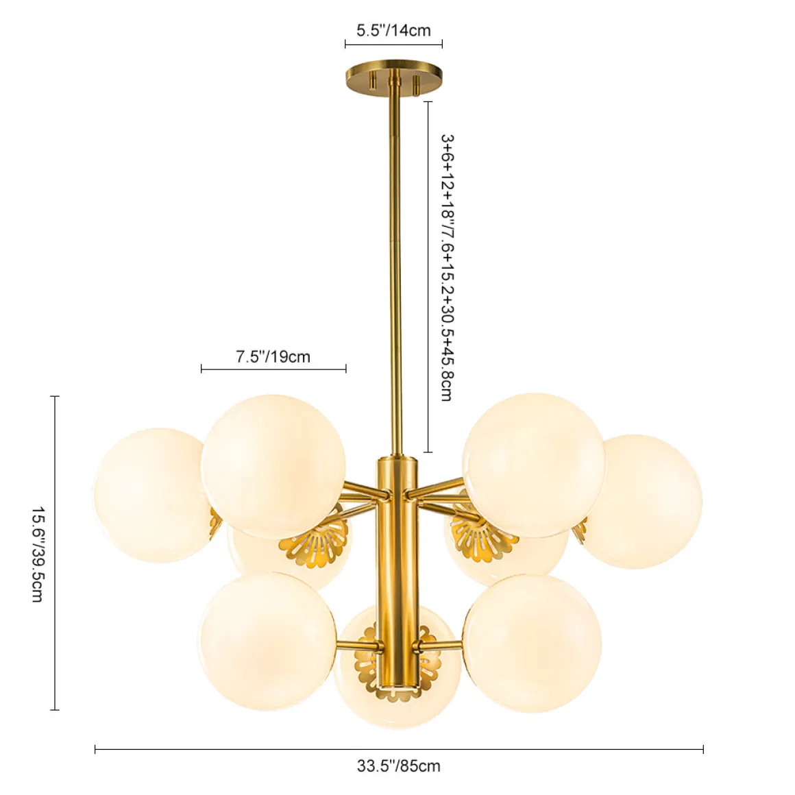 Brass Daisy Tiered Opal Glass Globe Sputnik Chandelier